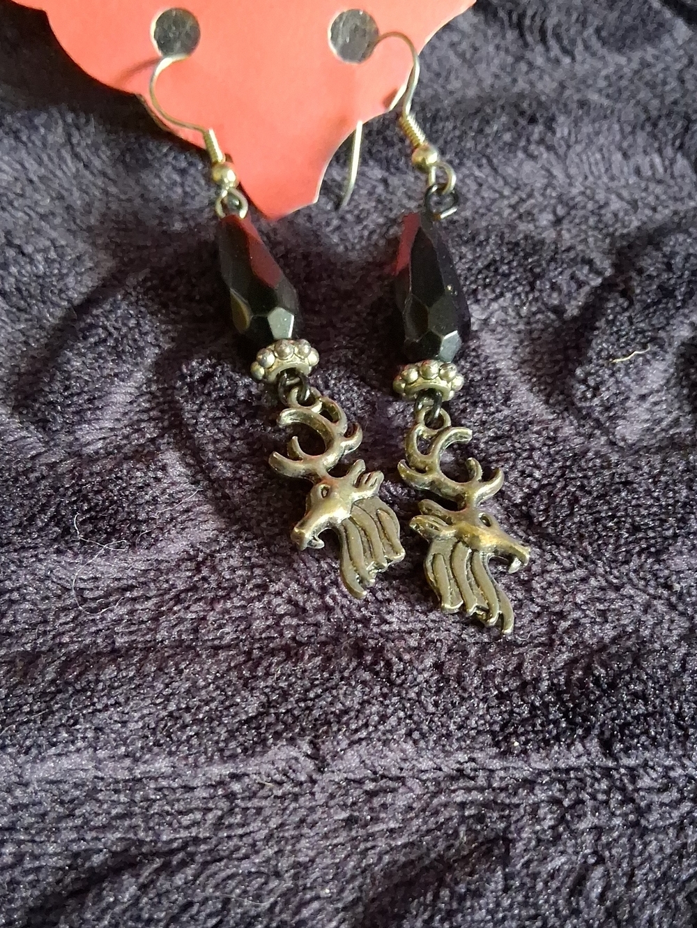Antique Brass Deer Charm Drop Earrings with Black Onyx Faceted Beads
